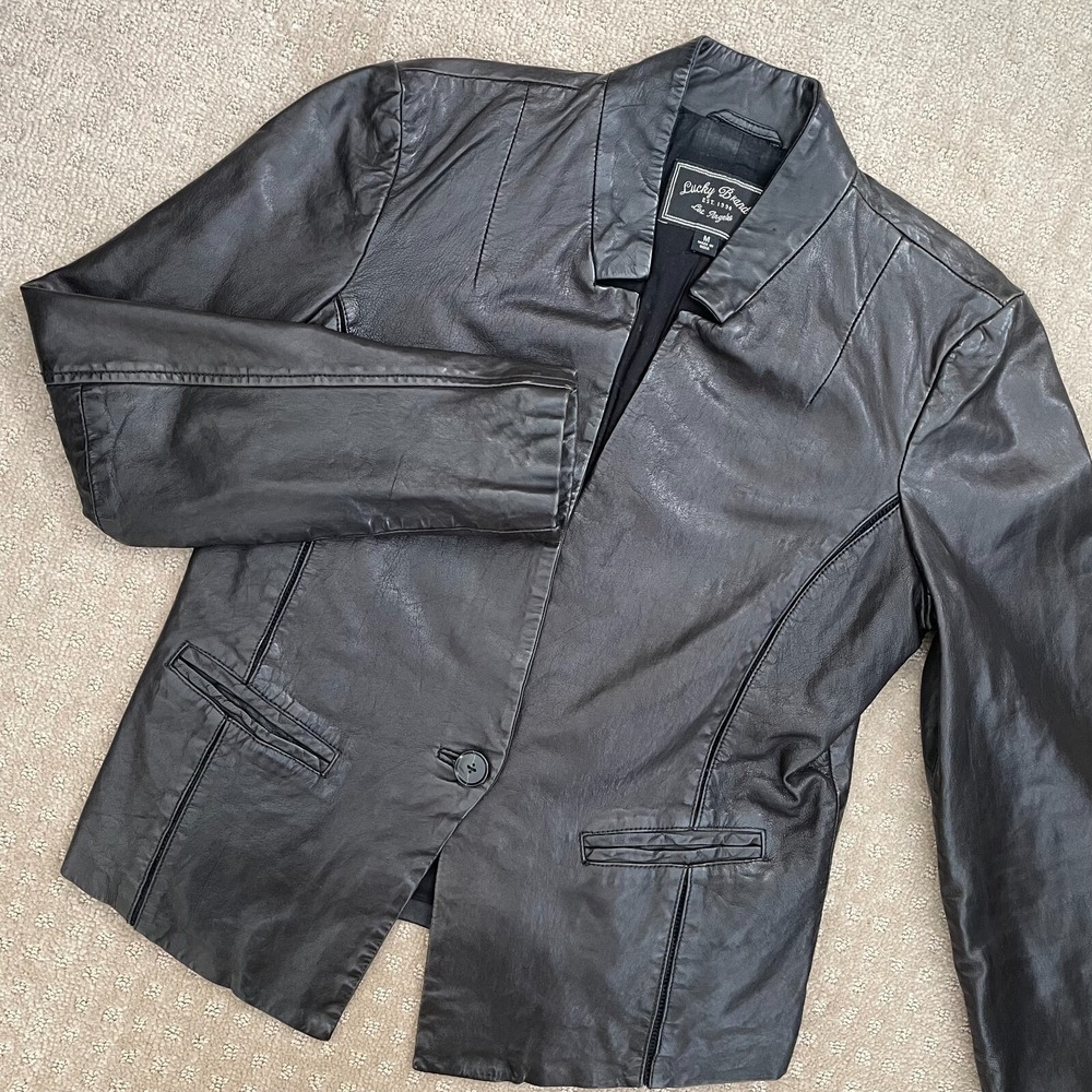 Lucky Brand Motto Jacket Women Medium Black 100% Lamb Leather One Button Front‎